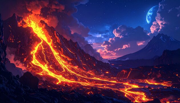 Volcanic Eruption Landscape with Lava Flow.