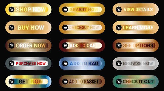 Collection of colorful shopping buttons with shopping cart icons for ecommerce and online shopping  various call to action labels