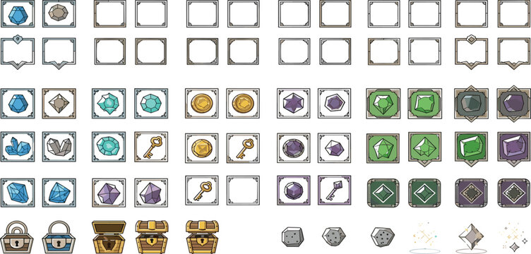 Game Asset UI Frames and Inventory Icons Set Featuring Gems Keys Chests Badges Fantasy Interface Collection