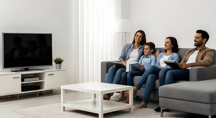 Obraz premium Happy family members sitting together on a comfortable grey couch while holding notebooks and smiling brightly at something off screen in their bright modern living room