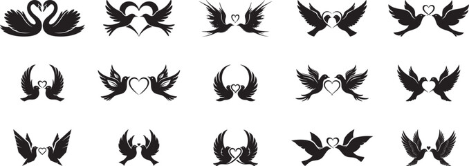 Obraz premium Two birds facing each other in flight silhouettes collection, smooth curves and precise geometric shapes, stylized doves with heart vector art.