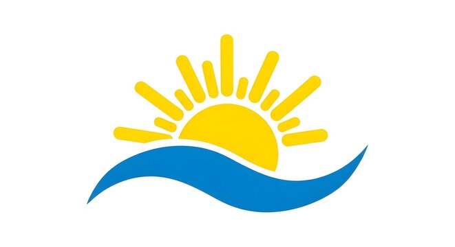 A yellow sun rising over a blue wave