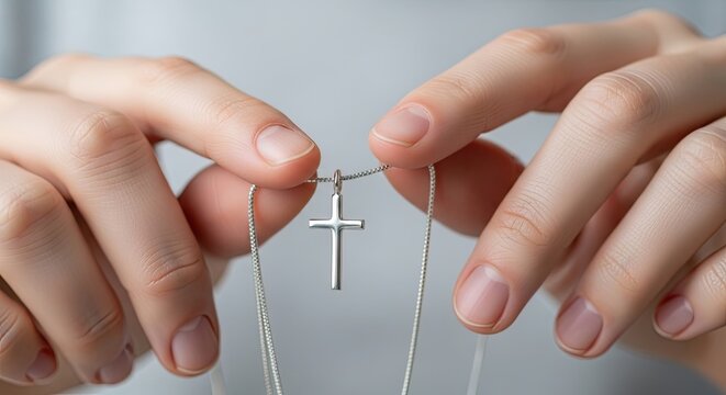 Close-up image of hands holding silver cross necklace with delicate chain on smooth surface. Beautiful silver cross pendant represents faith and spirituality, showcasing unique craftsmanship.