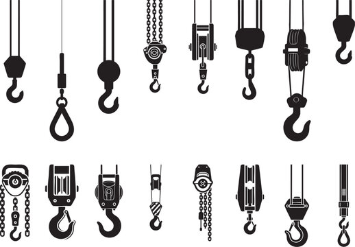 Lifting and rigging tools silhouette collection, industrial lifting, crane hook different silhouettes vector art.