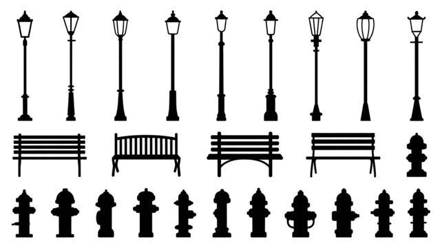 Vintage street scene featuring lampposts, benches, and fire hydrants in black and white Vector