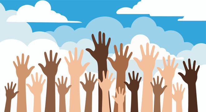Diverse hands raised against a sky with clouds, representing unity and equality