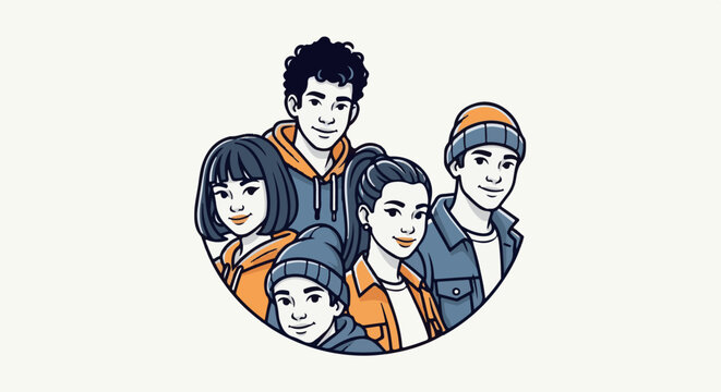 Diverse group of young people in a close-knit circular composition, smiling and looking forward