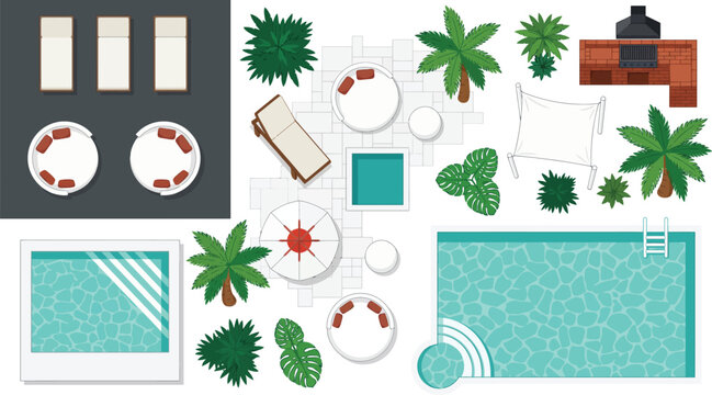 Flat vector top view tropical resort landscape set, swimming pool backyard layout with sunbeds umbrellas palm trees and deck, hotel vacation resort and garden design illustration