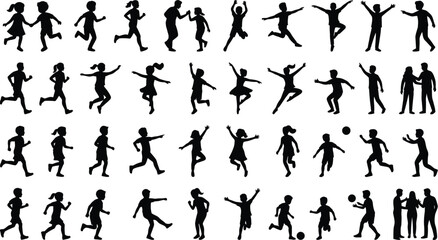 Vector graphic illustration of black silhouettes of children running, jumping, and playing sports © LOVEU