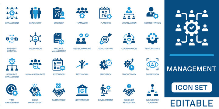 Management and leadership icon set. featuring business strategy, project planning, team coordination, and human resources in blue flat design.