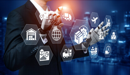 Fototapeta premium A business professional with robotic hands engages with digital icons, illustrating the intersection of technology and logistics in a modern urban setting. Ledger