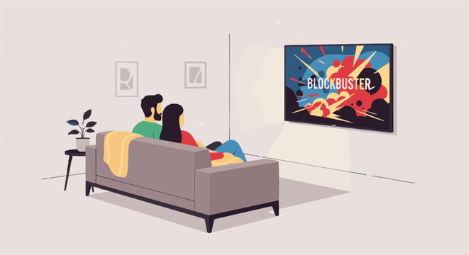 Couple relaxing on sofa watching exciting movie on television