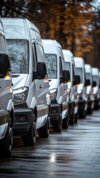 Delivery vans parked in a row on a rainy street during the early morning hours