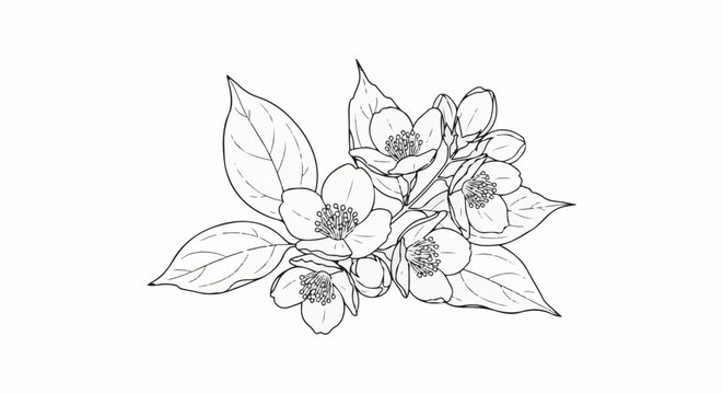 Delicate black and white sketch of jasmine flowers with leaves