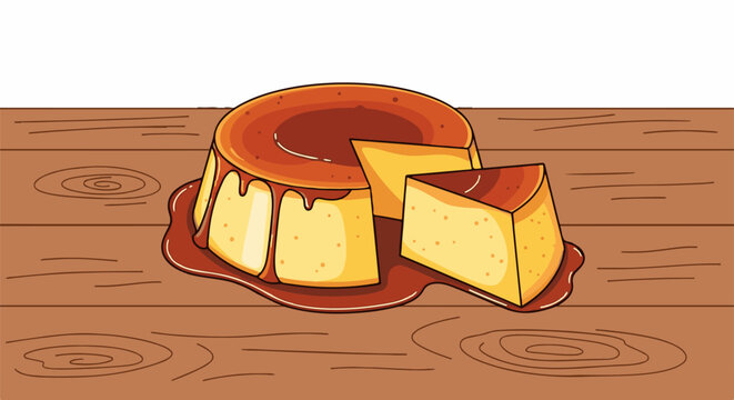Delicious creamy dessert with caramel glaze on wooden table