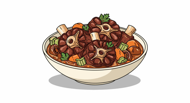 Delicious oxtail soup with vegetables in a white bowl, cartoon style