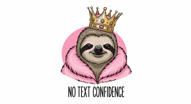 Confident sloth queen in a crown and fluffy pink stole