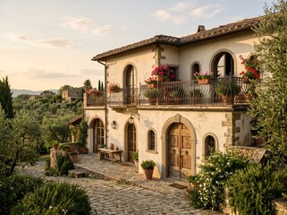 Naklejka premium Tuscany Villa with Balcony and Olive Groves at Golden Hour Sunset