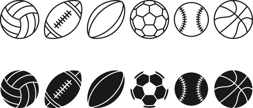 Vector illustration of various sports balls in black and white designs