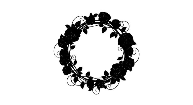 Black rose silhouette wreath vector with decorative floral leaves design isolated on white background