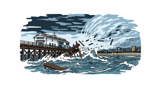Destructive storm battering a pier and coastline with debris in turbulent waters