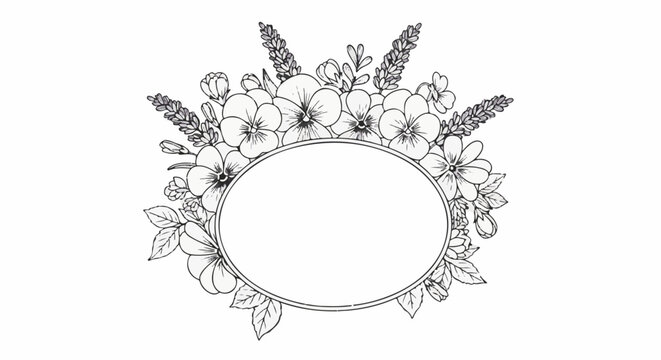 Delicate floral oval frame with detailed sketches of pansies and lavender buds
