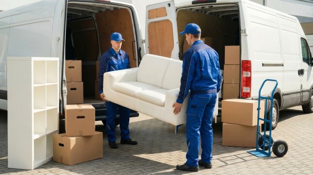 Two professional movers in blue uniforms loading a white sofa into a delivery van, furniture transport and home relocation service concept.