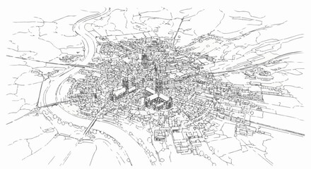Obraz premium Detailed aerial sketch of a historic European city with a river and surrounding hills