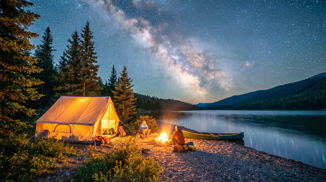 Amigos acampando junto a un lago bajo la V&iacute;a L&aacute;ctea. Fogata, tienda iluminada y furgoneta se reflejan en el agua quieta. Una escena de aventura y libertad en la naturaleza.