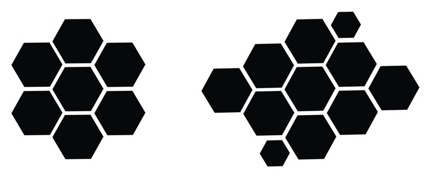 Black hexagon photo collage template. Honeycomb layout design element, blank frames for photo collection, overlay, montage, clipping, layer mask. Vector