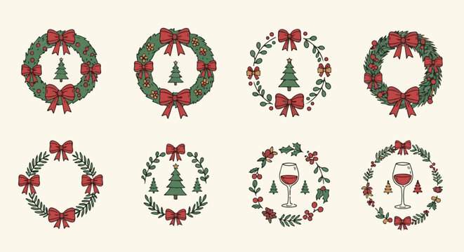 Eight charming Christmas wreaths with festive decorations including trees and wine