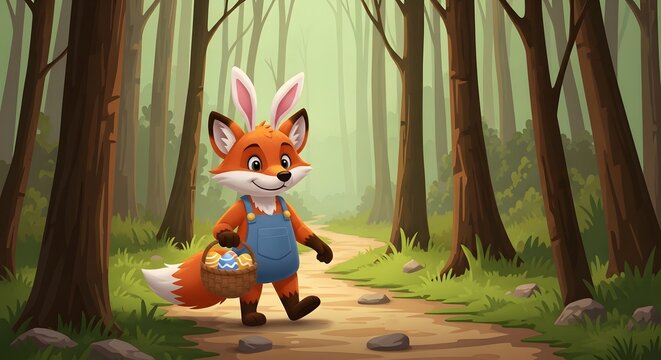 Cartoon Easter fox carrying basket of eggs forest trail background playful holiday character