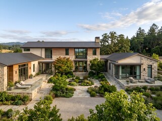 Fototapeta premium Luxury Modern House Architecture with Expansive Landscaping and Scenic Views