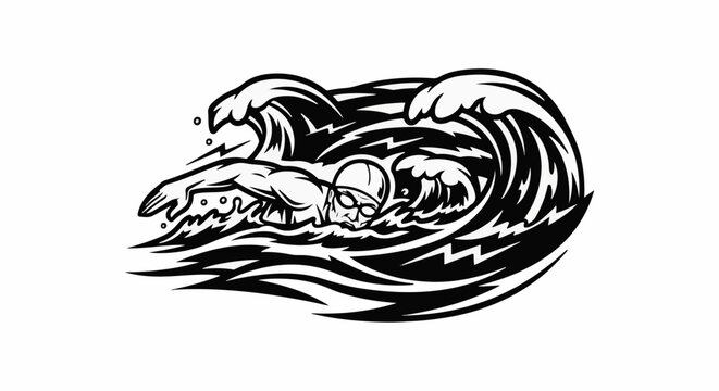 Dynamic black and white graphic of a swimmer in powerful ocean waves
