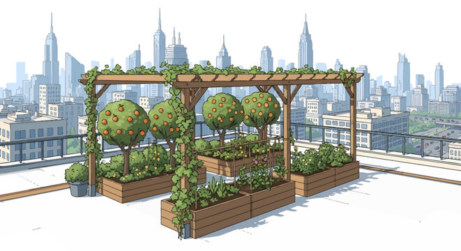 Roof garden with plants and trees in planters on city rooftop