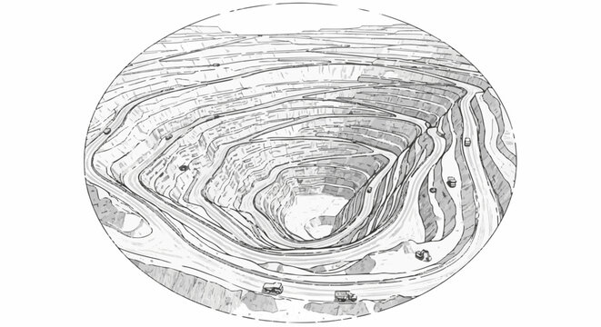 Detailed sketch of a large open-pit mine with tiered layers and vehicles