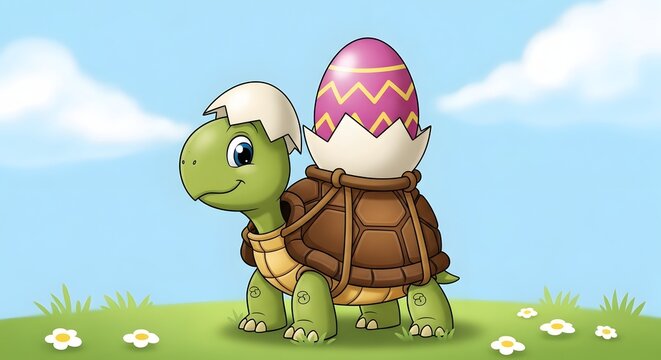 Cartoon Easter turtle carrying egg shell on back slow moving spring meadow character