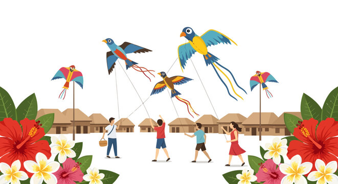 people flying colorful kites on beach with tropical flowers