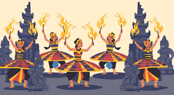 traditional indian dancers performing with fire torches