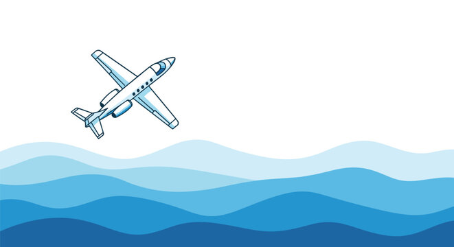 A sleek white private jet with blue outlines flies diagonally above a series of stylized rolling blue waves against a pristine white background space.