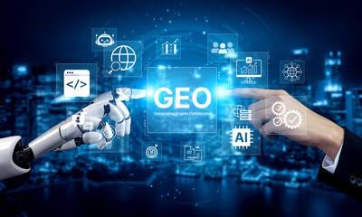 Obraz premium Digital marketing concept featuring GEO strategy, optimizing content for AI search engines and large language models. Evolution of SEO, brand authority, and AI citation visibility. Corpus