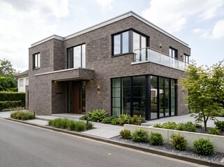 Fototapeta premium Modern House with Grey Brick Facade and Contemporary Design