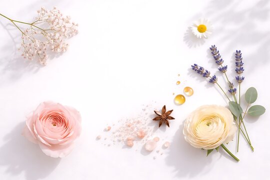 Beautiful flowers and herbs with oil droplets on white surface for spa and wellness