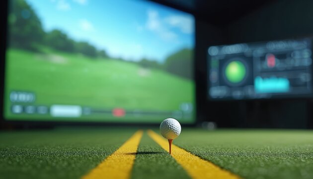 Golf ball on tee in indoor simulator room. Screen shows virtual golf course and data analytics. Practice golf swing with tech equipment for performance.