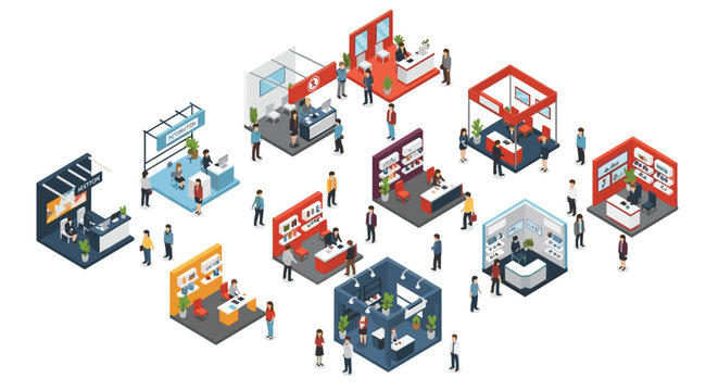 This detailed isometric graphic presents several modern exhibition stand designs featuring vibrant color accents and professional people interacting in a clean space.