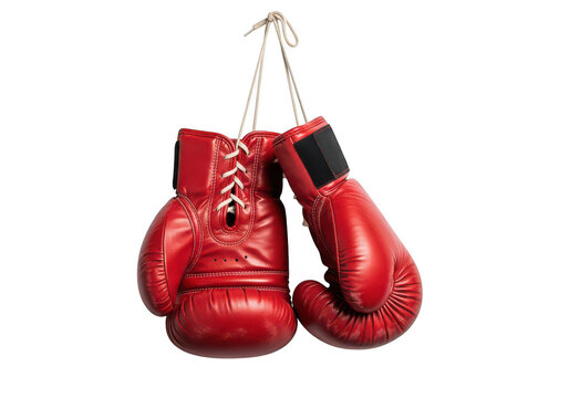 Red boxing gloves hanging by laces isolated on transparent background