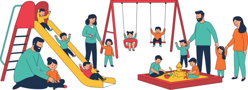 Children playing in playground with parents slide swing and sandbox flat vector illustration family activity scene