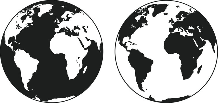 Black and white vector illustration of globe with two different views