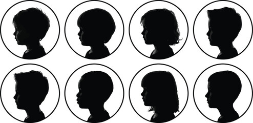 Children head silhouette icon set, kids profile faces in circle frames, boys and girls avatars in black shapes, minimalist people icons for school, app, logo and user profile design vector © PrimePixel Co
