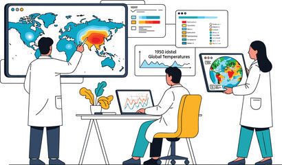 Fototapeta premium Scientists analyzing global warming data with temperature maps charts and climate research in modern laboratory workspace